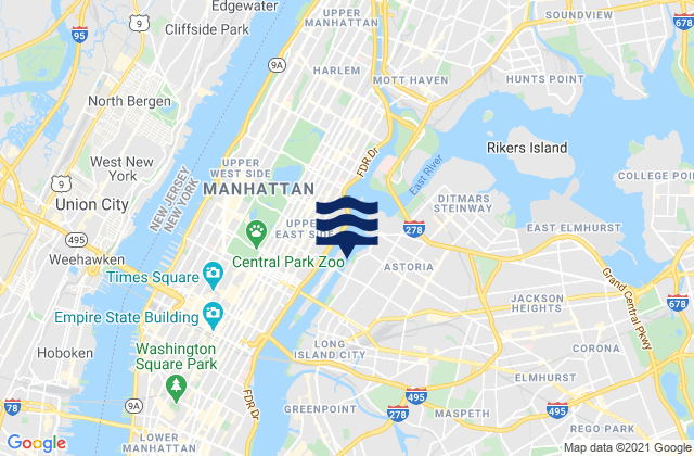 Mappa delle Getijden in 37th Avenue, Long Island City, East River, United States