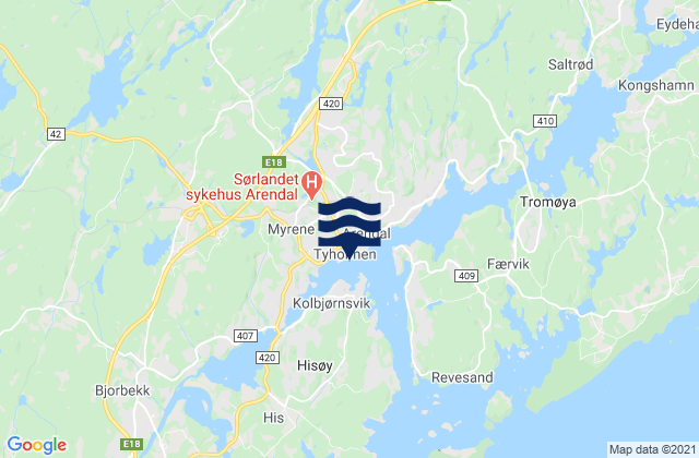 Mappa delle Getijden in Arendal, Norway