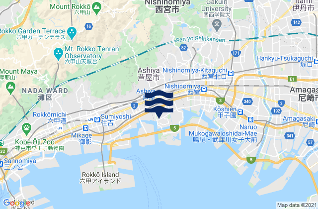 Mappa delle Getijden in Ashiya, Japan
