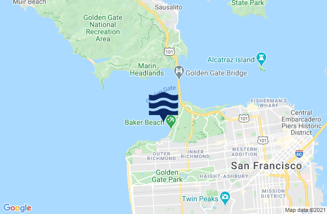 Mappa delle Getijden in Baker Beach (South Bay) 0.3 nmi. NW of, United States