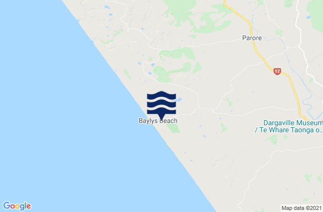 Mappa delle Getijden in Baylys Beach, New Zealand