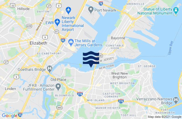 Mappa delle Getijden in Bayonne Bridge Staten Island, United States