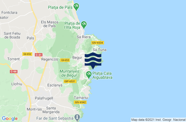 Mappa delle Getijden in Begur, Spain