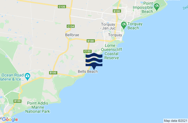 Mappa delle Getijden in Bells Beach Torquay, Australia