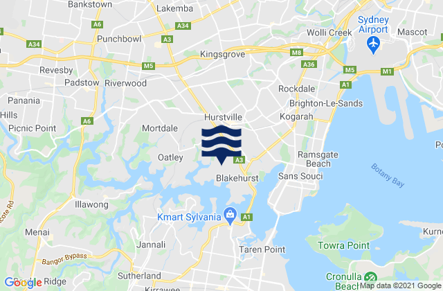 Mappa delle Getijden in Bexley, Australia