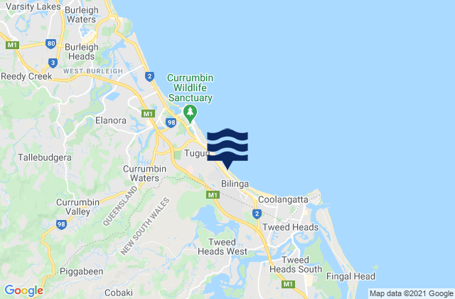 Mappa delle Getijden in Bilinga Beach, Australia