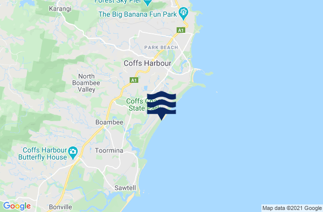 Mappa delle Getijden in Boambee Beach, Australia