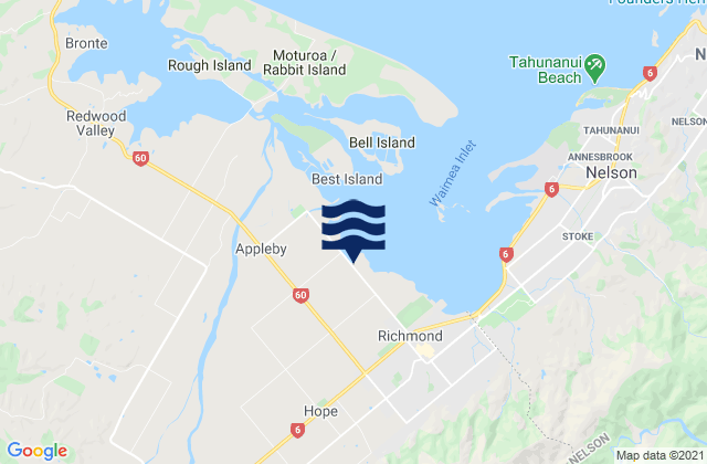 Mappa delle Getijden in Brightwater, New Zealand