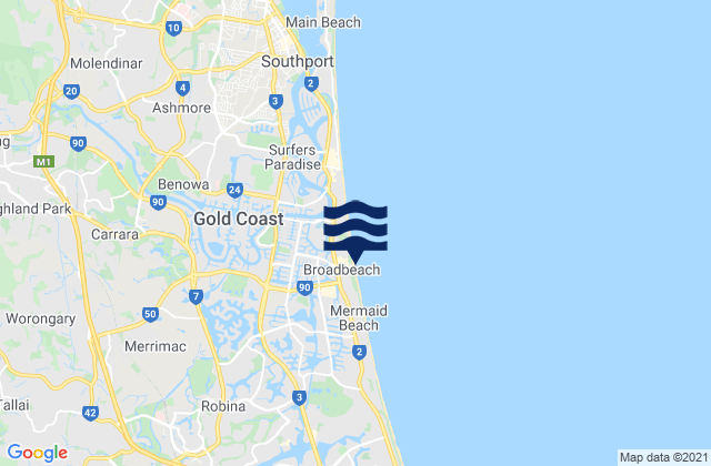 Mappa delle Getijden in Broadbeach, Australia
