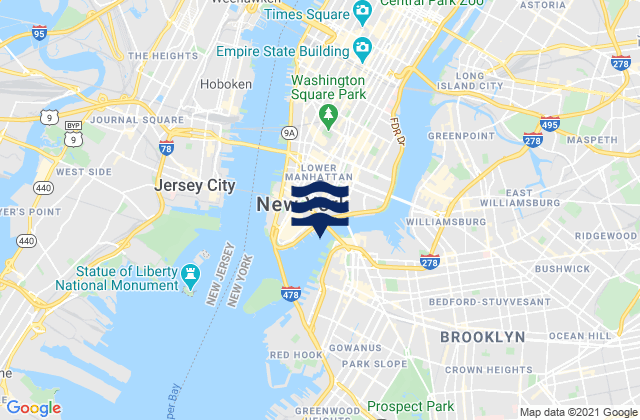 Mappa delle Getijden in Brooklyn Bridge 0.1 mile southwest of, United States