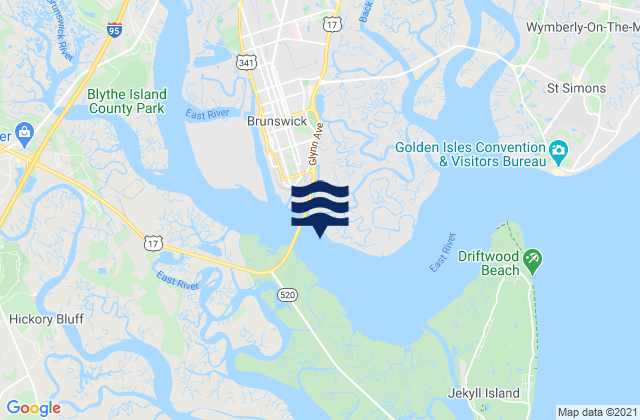 Mappa delle Getijden in Brunswick River Bridge southeast of, United States