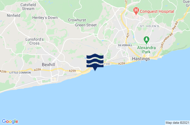 Mappa delle Getijden in Bulverhythe Beach, United Kingdom
