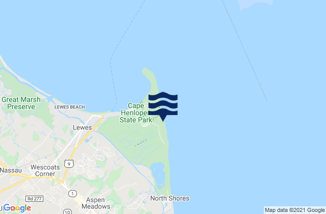 Mappa delle Getijden in Cape Henlopen Bay, United States