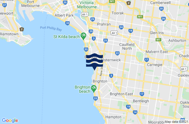 Mappa delle Getijden in Caulfield East, Australia