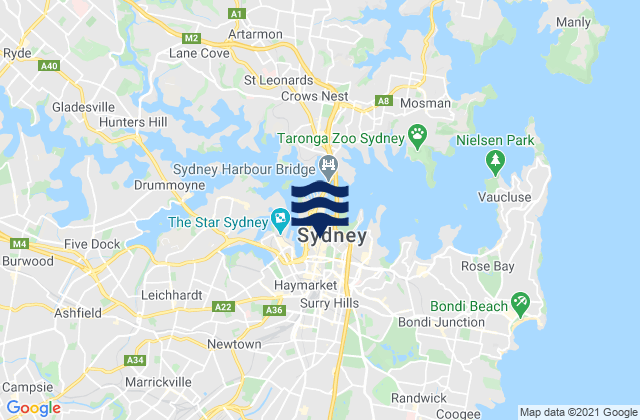 Mappa delle Getijden in City of Sydney, Australia