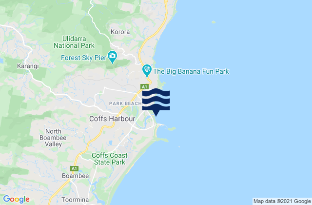 Mappa delle Getijden in Coffs Harbour Beach, Australia