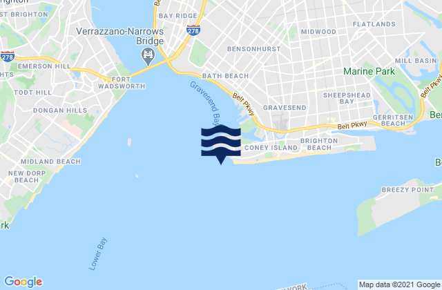 Mappa delle Getijden in Coney Island Channel west end, United States