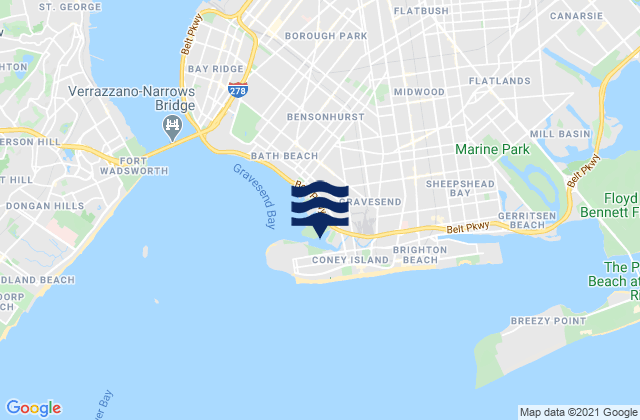 Mappa delle Getijden in Coney Island, United States