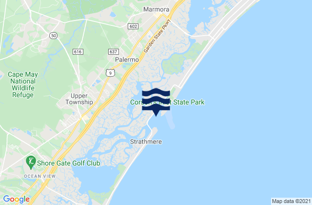 Mappa delle Getijden in Corson's Inlet Entrance, United States