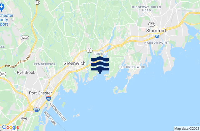 Mappa delle Getijden in Coscob Harbor off Goose Island, United States
