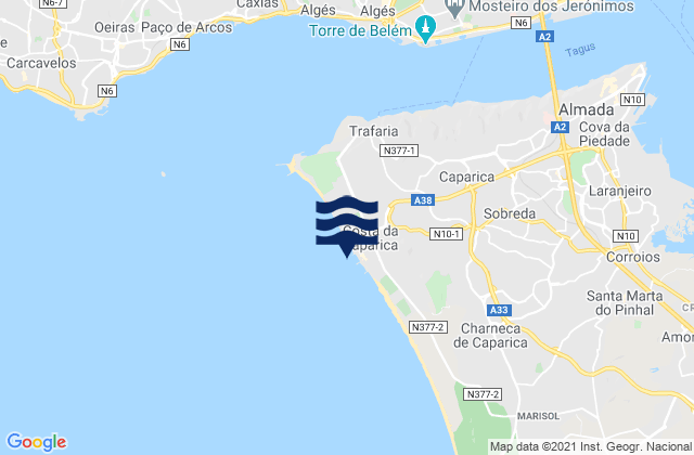 Mappa delle Getijden in Costa de Caparica, Portugal
