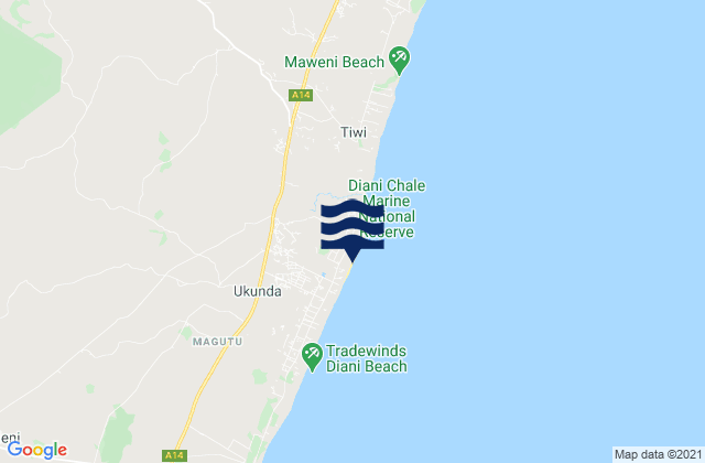 Mappa delle Getijden in Diani Beach, Kenya