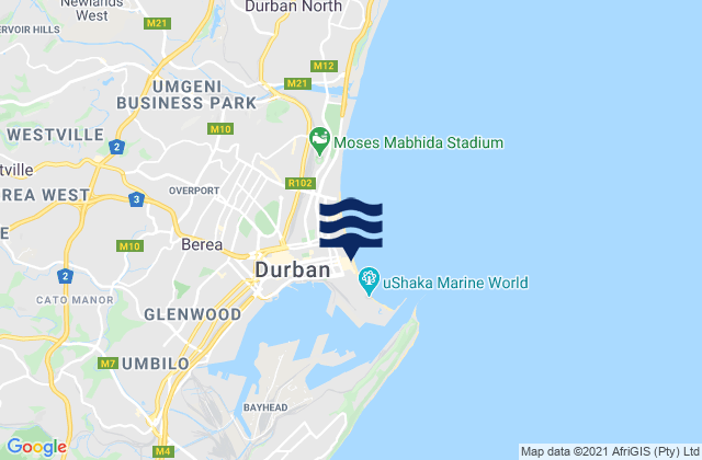 Mappa delle Getijden in Durban, South Africa