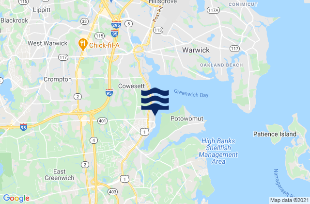 Mappa delle Getijden in East Greenwich, United States