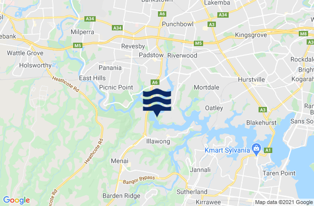 Mappa delle Getijden in East Hills, Australia