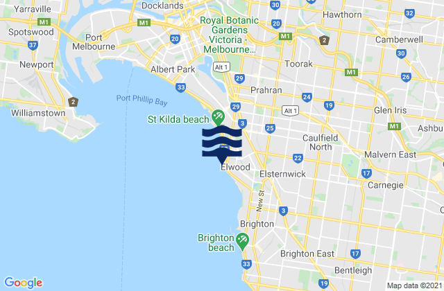 Mappa delle Getijden in Elwood, Australia