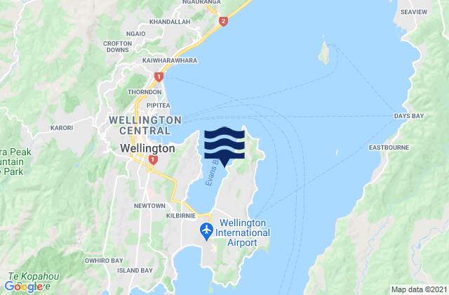 Mappa delle Getijden in Evans Bay, New Zealand