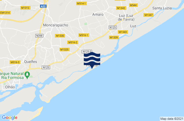 Mappa delle Getijden in Fuzeta beach (island), Portugal