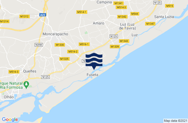 Mappa delle Getijden in Fuzeta beach (land based), Portugal
