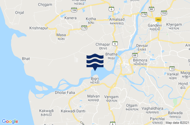 Mappa delle Getijden in Gandevi, India