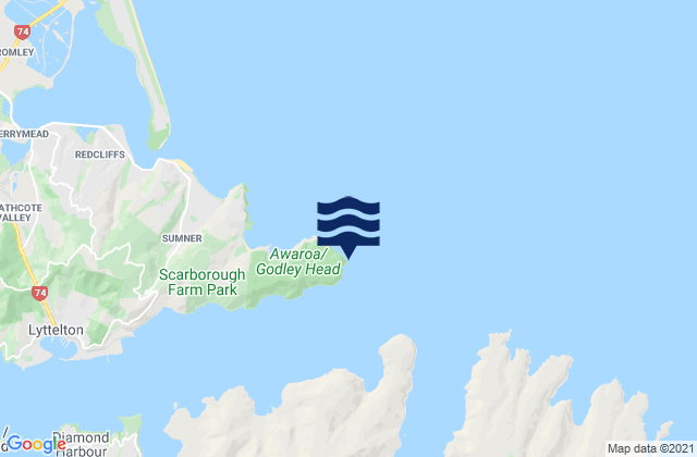 Mappa delle Getijden in Godley Head, New Zealand