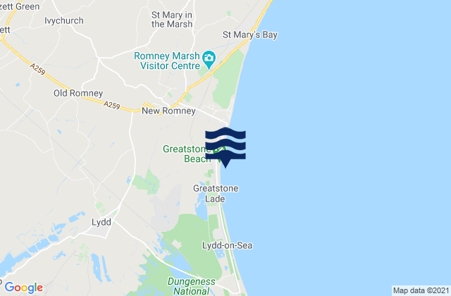 Mappa delle Getijden in Greatstone Beach, United Kingdom