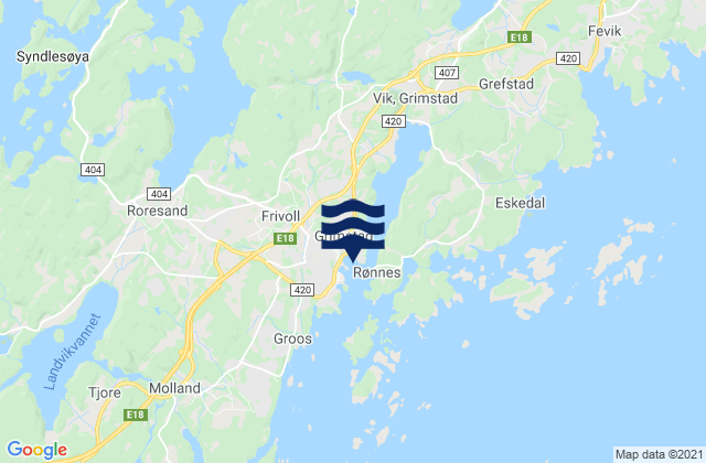 Mappa delle Getijden in Grimstad, Norway