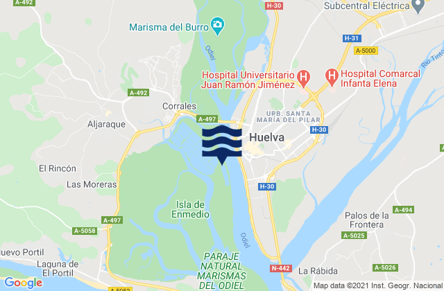 Mappa delle Getijden in Huelva Rio Odiel, Spain