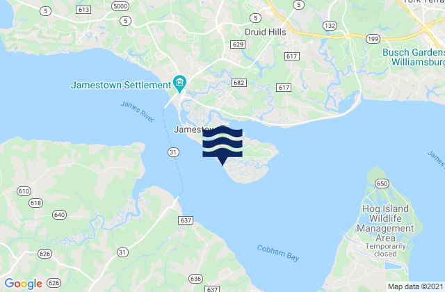 Mappa delle Getijden in Jamestown Island, United States