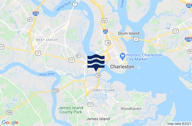 Mappa delle Getijden in Johns Island Bridge, United States