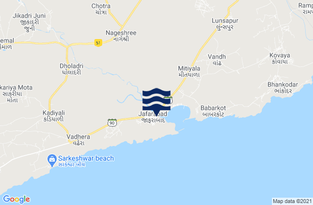 Mappa delle Getijden in Jāfarābād, India