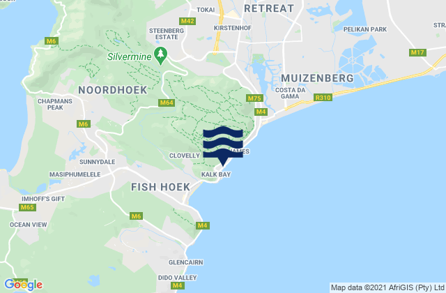 Mappa delle Getijden in Kalk Bay Reef, South Africa
