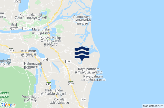 Mappa delle Getijden in Kayalpattinam, India