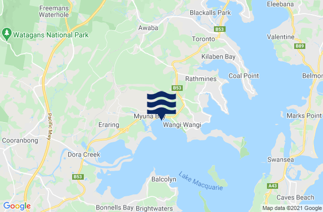Mappa delle Getijden in Lake Macquarie Shire, Australia
