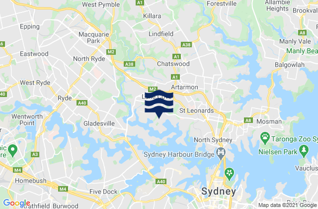 Mappa delle Getijden in Lane Cove, Australia
