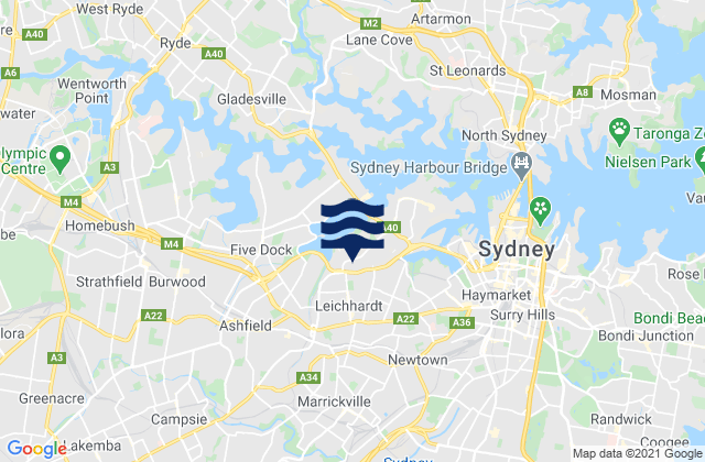 Mappa delle Getijden in Lewisham, Australia