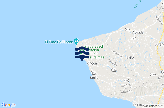 Mappa delle Getijden in Little Malibu (Rincon), Puerto Rico