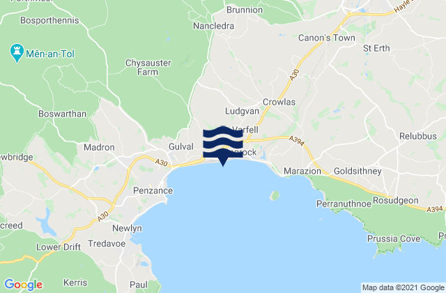 Mappa delle Getijden in Long Rock Beach, United Kingdom