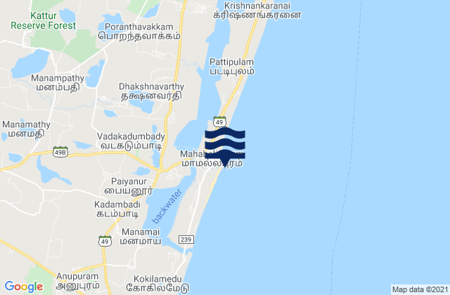 Mappa delle Getijden in Mahabalipuram (Shore Temple), India