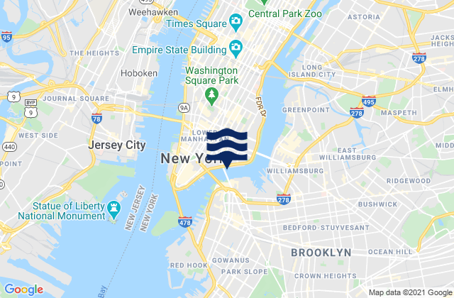 Mappa delle Getijden in Manhattan Bridge East of, United States